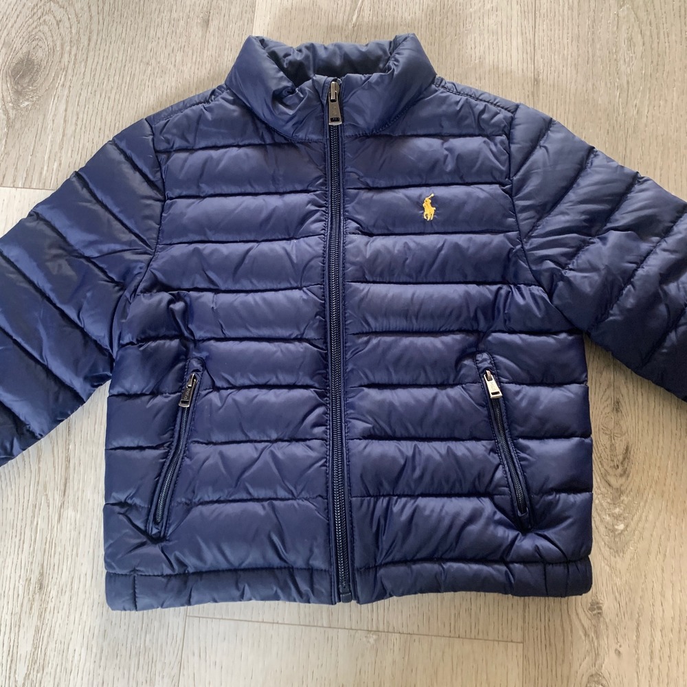 Polo Ralph Lauren Kids Navy Blue Quilted Puffer Jacket Yellow Pony Size 4 4T